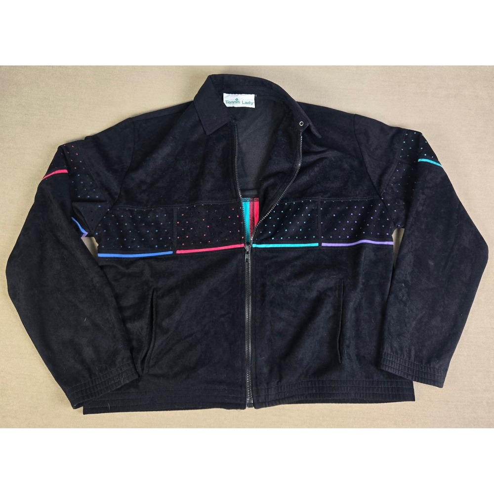 VTG Tennis Lady Velour‎ Track Jacket Womens M Black Rainbow Zip Up Made USA Tail